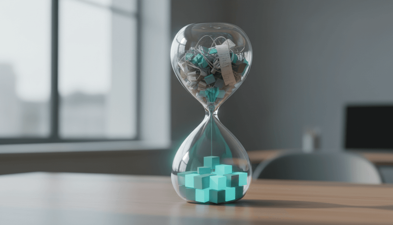 A conceptual photograph of an hourglass where chaotic crumpled paper in the top half transforms into organized, glowing geometric cubes in the bottom half, symbolizing the shift fr