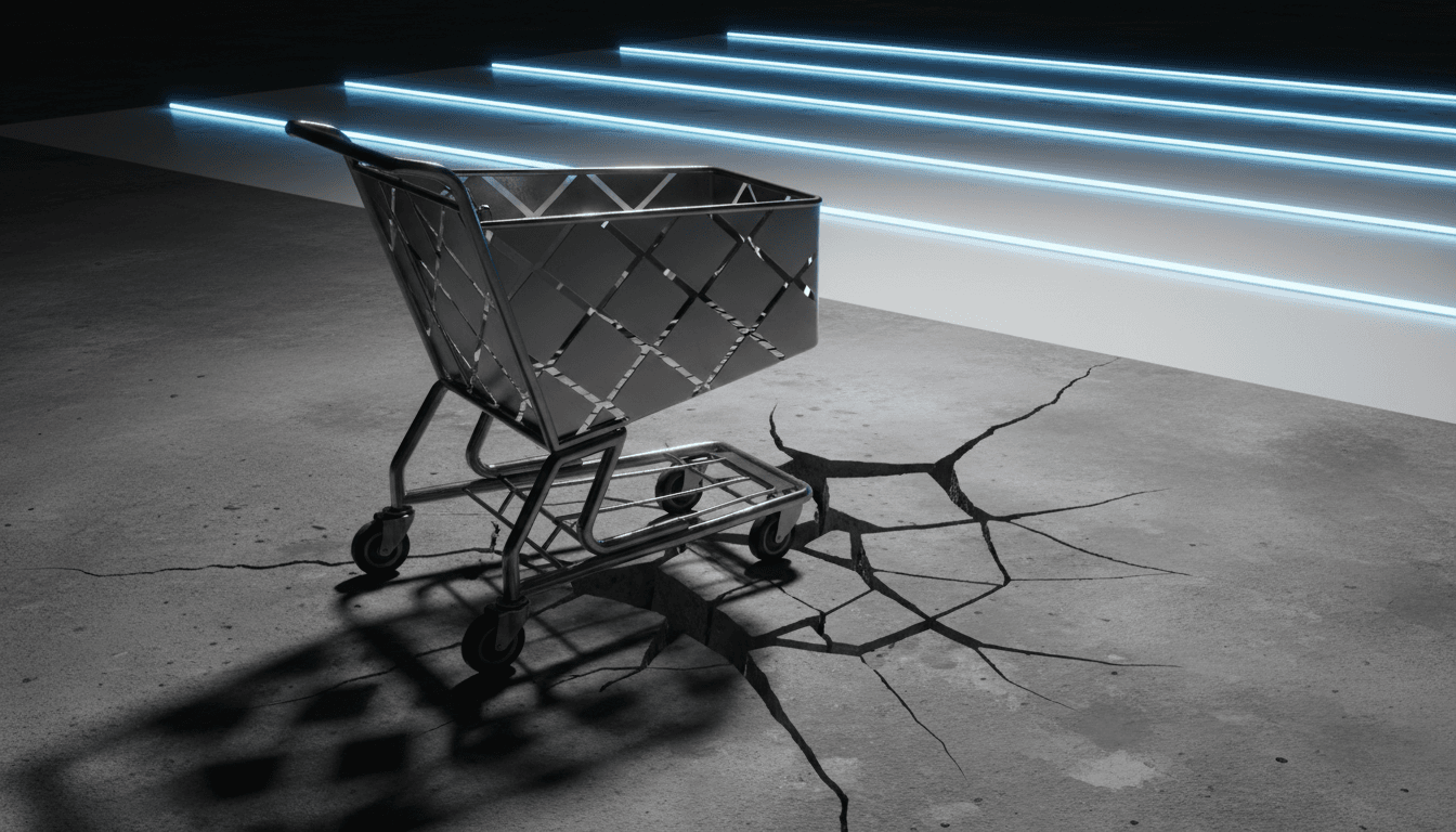 A sleek shopping cart abandoned on an uneven, cracked floor that transitions into a smooth, glowing futuristic pathway in the background.